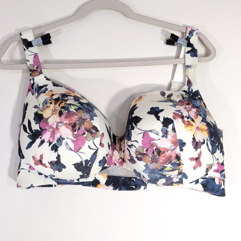 Cacique Cream Floral Balconette Bra; Lightly Lined, Underwire, Size 40F
